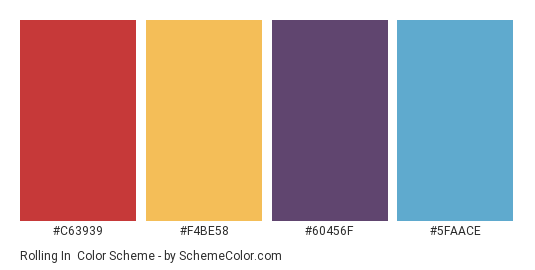 Rolling In - Color scheme palette thumbnail - #C63939 #F4BE58 #60456F #5FAACE 