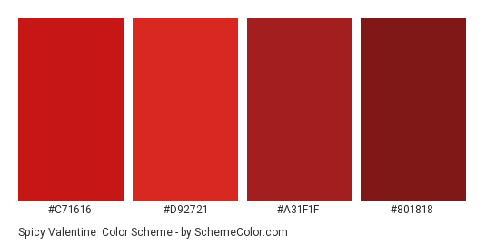 Spicy Valentine - Color scheme palette thumbnail - #C71616 #D92721 #A31F1F #801818 