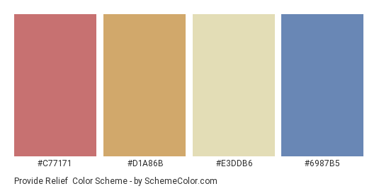Provide Relief - Color scheme palette thumbnail - #C77171 #D1A86B #E3DDB6 #6987B5 