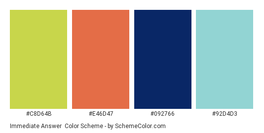 Immediate Answer - Color scheme palette thumbnail - #C8D64B #E46D47 #092766 #92D4D3 