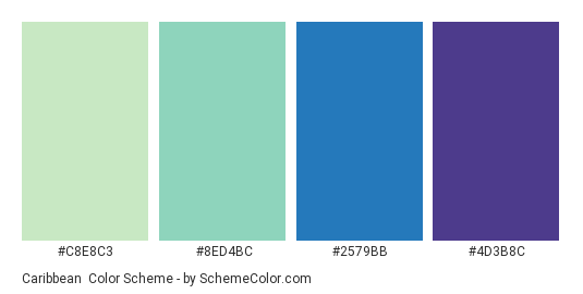 Caribbean - Color scheme palette thumbnail - #C8E8C3 #8ED4BC #2579BB #4D3B8C 