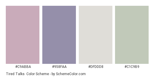 Tired Talks - Color scheme palette thumbnail - #C9ABBA #958FAA #DFDDD8 #C1C9B9 