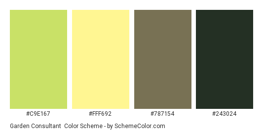 Garden Consultant - Color scheme palette thumbnail - #C9E167 #FFF692 #787154 #243024 