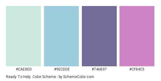 Ready to Help - Color scheme palette thumbnail - #CAE8DD #9ECDDE #746B97 #CF84C5 
