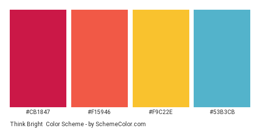 Think Bright - Color scheme palette thumbnail - #CB1847 #f15946 #f9c22e #53b3cb 