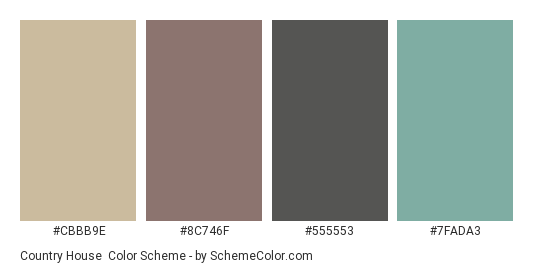 Country House - Color scheme palette thumbnail - #CBBB9E #8C746F #555553 #7FADA3 