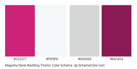 Magenta Silver Wedding Theme - Color scheme palette thumbnail - #CC2277 #F5F8F8 #D6D6D6 #8A1A54 