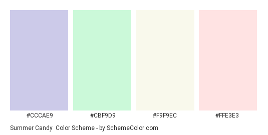 Summer Candy - Color scheme palette thumbnail - #CCCAE9 #CBF9D9 #F9F9EC #FFE3E3 