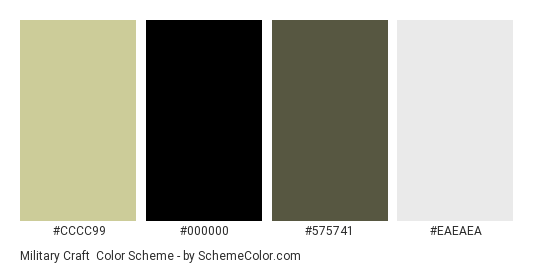 Military Craft - Color scheme palette thumbnail - #CCCC99 #000000 #575741 #EAEAEA 