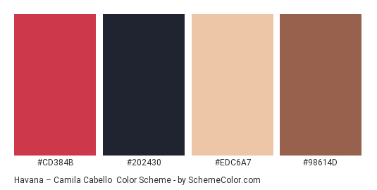Havana – Camila Cabello - Color scheme palette thumbnail - #CD384B #202430 #EDC6A7 #98614D 