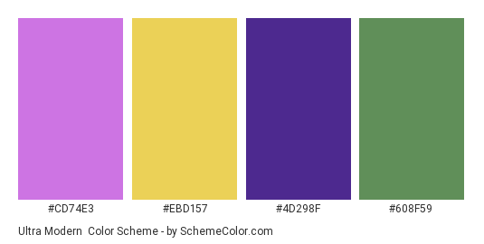 Ultra Modern - Color scheme palette thumbnail - #CD74E3 #EBD157 #4D298F #608F59 