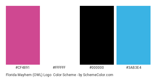 Florida Mayhem (OWL) Logo - Color scheme palette thumbnail - #CF4891 #FFFFFF #000000 #3AB3E4 
