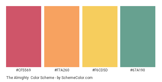 The Almighty - Color scheme palette thumbnail - #CF5569 #F7A260 #F6CD5D #67A190 