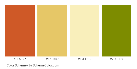 Tasty Pasta - Color scheme palette thumbnail - #CF5927 #E6C767 #F9EFBB #7D8C00 