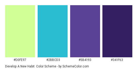 Develop a New Habit - Color scheme palette thumbnail - #D0FE97 #2BBCD3 #5B4193 #341F63 