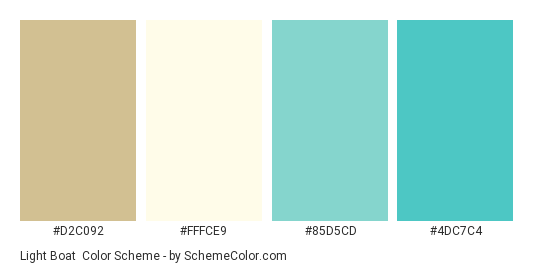 Light Boat - Color scheme palette thumbnail - #D2C092 #FFFCE9 #85D5CD #4DC7C4 