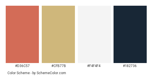 Elegant Fashion - Color scheme palette thumbnail - #D36C57 #CFB77B #F4F4F4 #182736 