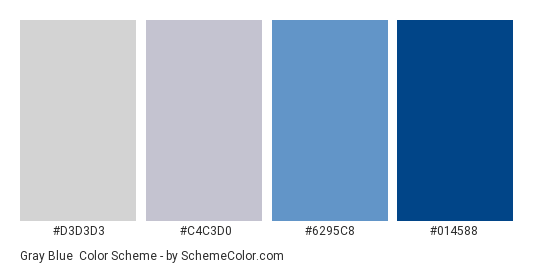 Gray Blue - Color scheme palette thumbnail - #D3D3D3 #C4C3D0 #6295C8 #014588 