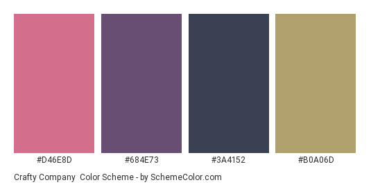 Crafty Company - Color scheme palette thumbnail - #D46E8D #684E73 #3A4152 #B0A06D 