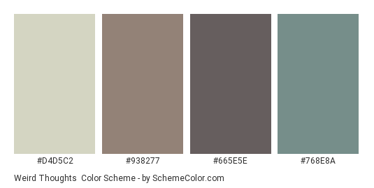 Weird Thoughts - Color scheme palette thumbnail - #D4D5C2 #938277 #665E5E #768E8A 