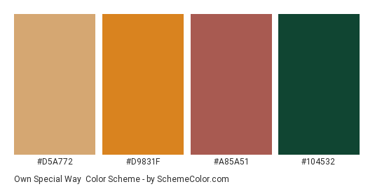 Own Special Way - Color scheme palette thumbnail - #D5A772 #D9831F #A85A51 #104532 