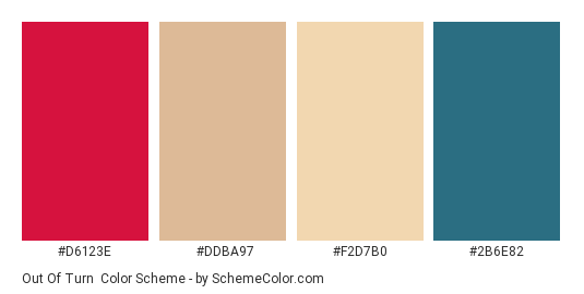 Out of Turn - Color scheme palette thumbnail - #D6123E #DDBA97 #F2D7B0 #2B6E82 