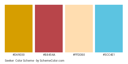 Seeker - Color scheme palette thumbnail - #D69E00 #B8454A #FFDDB0 #5CC4E1 