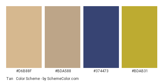 Tan & Khaki Dress - Color scheme palette thumbnail - #D6B88F #BDA588 #374473 #BDAB31 