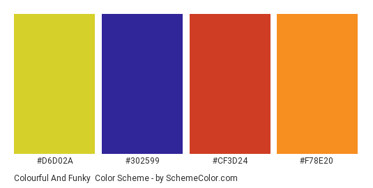 Colourful and Funky - Color scheme palette thumbnail - #D6D02A #302599 #CF3D24 #F78E20 