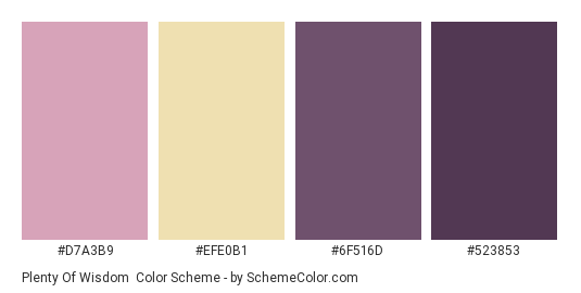 Plenty of Wisdom - Color scheme palette thumbnail - #D7A3B9 #EFE0B1 #6F516D #523853 
