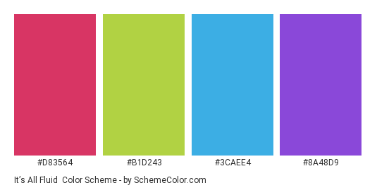 It’s all Fluid - Color scheme palette thumbnail - #D83564 #B1D243 #3CAEE4 #8A48D9 
