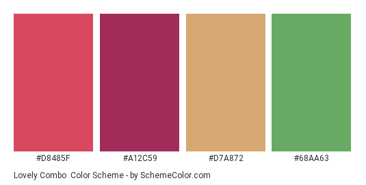 Lovely Combo - Color scheme palette thumbnail - #D8485F #A12C59 #D7A872 #68AA63 