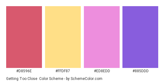 Getting Too Close - Color scheme palette thumbnail - #D8596E #FFDF87 #ED8EDD #885DDD 