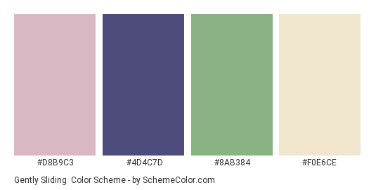 Gently Sliding - Color scheme palette thumbnail - #D8B9C3 #4D4C7D #8AB384 #F0E6CE 