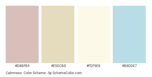 Calmness - Color scheme palette thumbnail - #D8BFB9 #E5DCBD #FDF9E8 #B8DDE7 