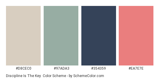 Discipline is the Key - Color scheme palette thumbnail - #D8CEC0 #97ADA3 #354359 #EA7E7E 