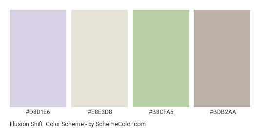 Illusion Shift - Color scheme palette thumbnail - #D8D1E6 #E8E3D8 #B8CFA5 #BDB2AA 