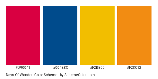 Days of Wonder - Color scheme palette thumbnail - #D90041 #004B8C #F2BE00 #F28C12 