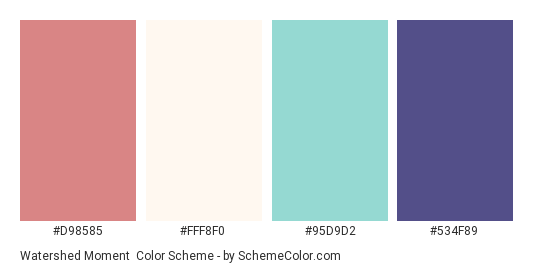 Watershed Moment - Color scheme palette thumbnail - #D98585 #FFF8F0 #95D9D2 #534F89 
