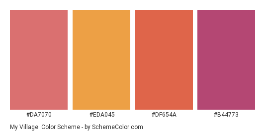 My Village - Color scheme palette thumbnail - #DA7070 #EDA045 #DF654A #B44773 