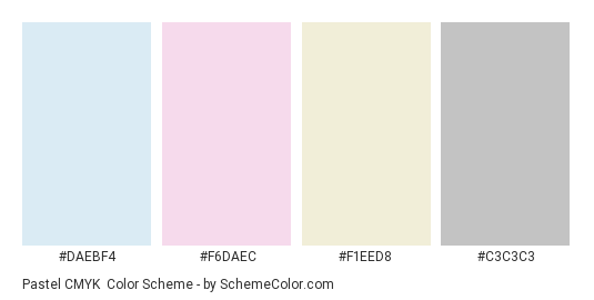 Pastel CMYK - Color scheme palette thumbnail - #DAEBF4 #F6DAEC #F1EED8 #C3C3C3 