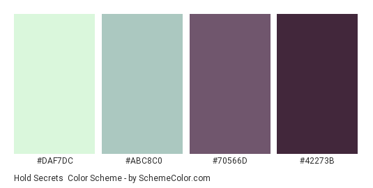 Hold Secrets - Color scheme palette thumbnail - #DAF7DC #ABC8C0 #70566D #42273B 