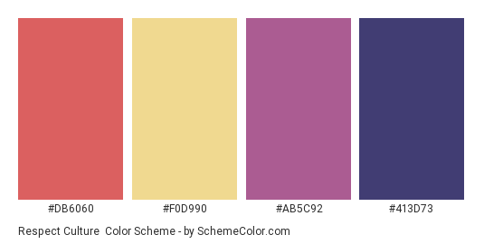 Respect Culture - Color scheme palette thumbnail - #DB6060 #F0D990 #AB5C92 #413D73 
