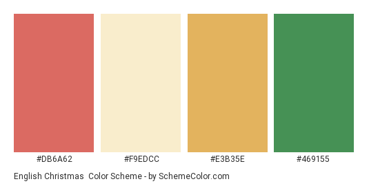 English Christmas - Color scheme palette thumbnail - #DB6A62 #F9EDCC #E3B35E #469155 