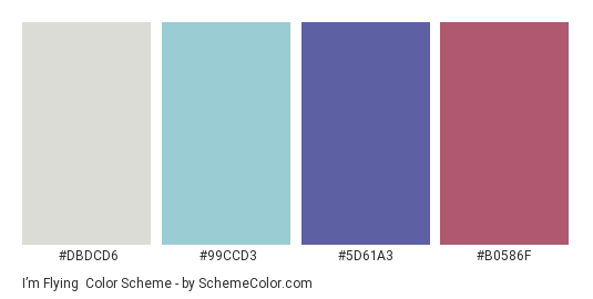 I’m Flying - Color scheme palette thumbnail - #DBDCD6 #99CCD3 #5D61A3 #B0586F 