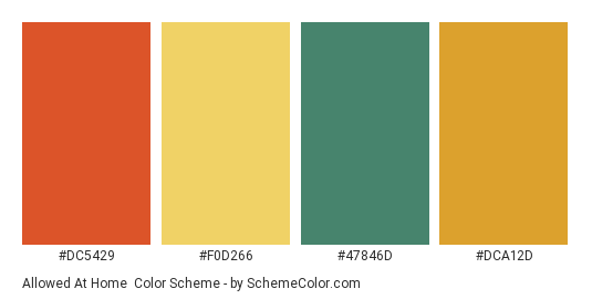 Allowed at Home - Color scheme palette thumbnail - #DC5429 #F0D266 #47846D #DCA12D 