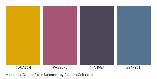 Accented Office - Color scheme palette thumbnail - #DCA304 #A65575 #4A4557 #547391 
