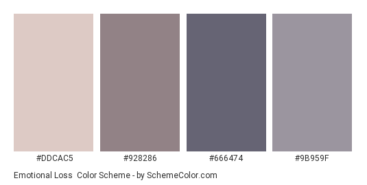 Emotional Loss - Color scheme palette thumbnail - #DDCAC5 #928286 #666474 #9B959F 