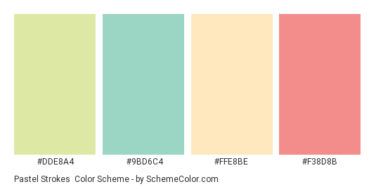 Pastel Strokes - Color scheme palette thumbnail - #DDE8A4 #9BD6C4 #FFE8BE #F38D8B 