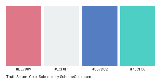 Truth Serum - Color scheme palette thumbnail - #DE7889 #ECF0F1 #557DC2 #4ECFC6 